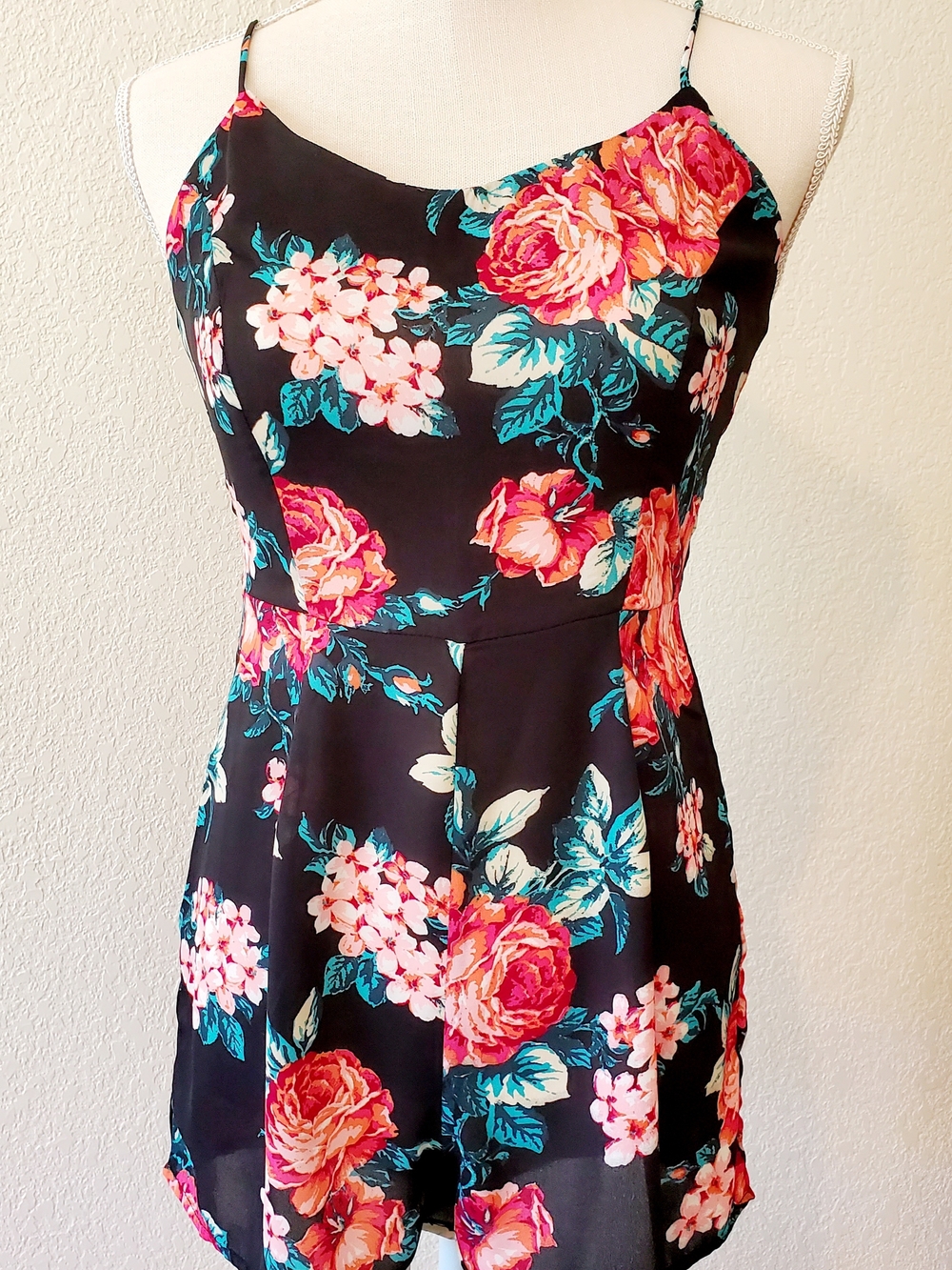 Floral Spaghetti-Strap Dress - Black with Pink & Coral Blooms